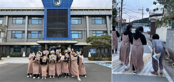 내남지역 어르신들게 직접 만든 생필품을 전달한 삼성생활예술고 네일더예쁨 동아리 학생들.