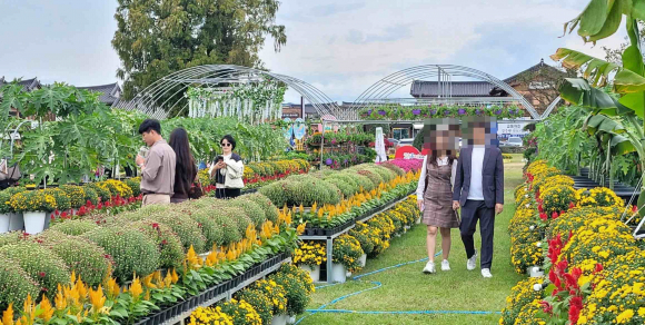 황남동 고분군 일원에서 열린 ‘2023 경주 황금정원나들이’ 행사장을 방문한 시민들이 화훼 조형물을 관람하고 있다.