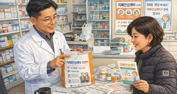 경주시 치매안심센터가 약국 122곳과 협력해 치매환자 지원서비스 홍보에 나선 가운데, 약사가 약제봉투에 담긴 안내문을 통해 치매안심센터 지원 정보를 설명하고 있다.