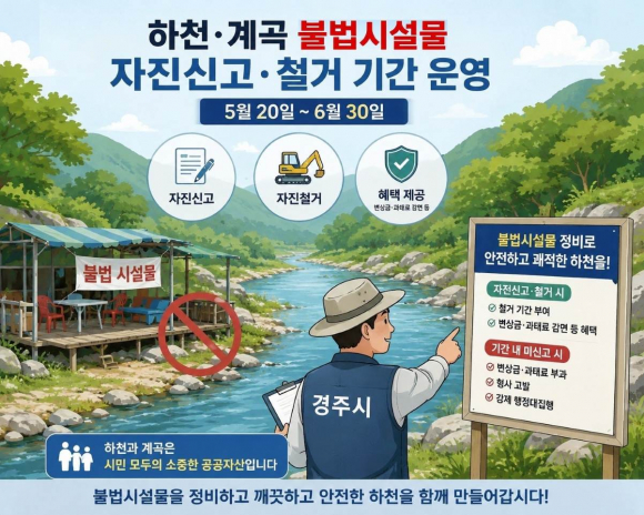 경주시, 하천·계곡 불법시설 자진 철거 및 신고 기간 운영 안내 홍보 배너.