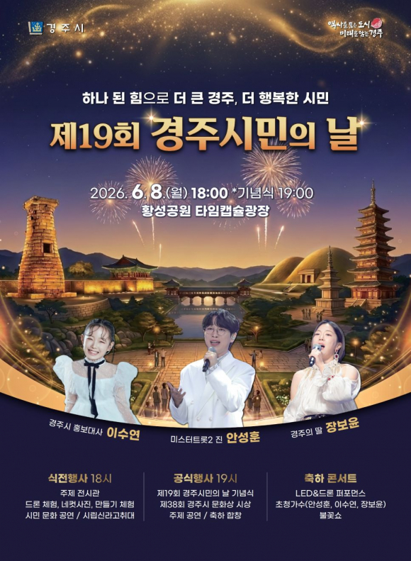 경주시가 오는 6월 8일 황성공원 타임캡슐광장에서 개최하는 '제19회 경주시민의 날' 행사 홍보 포스터.