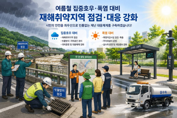 경주시가 여름철 집중호우와 폭염에 대비해 재해취약지역 점검과 폭염저감시설 운영 등 자연재난 대응체계를 강화하고 있다.